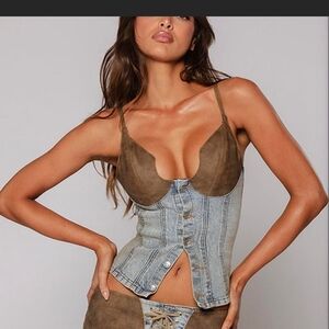 REVICE Two-Tone Denim and Suede Bustier Top - Brown/Light Blue